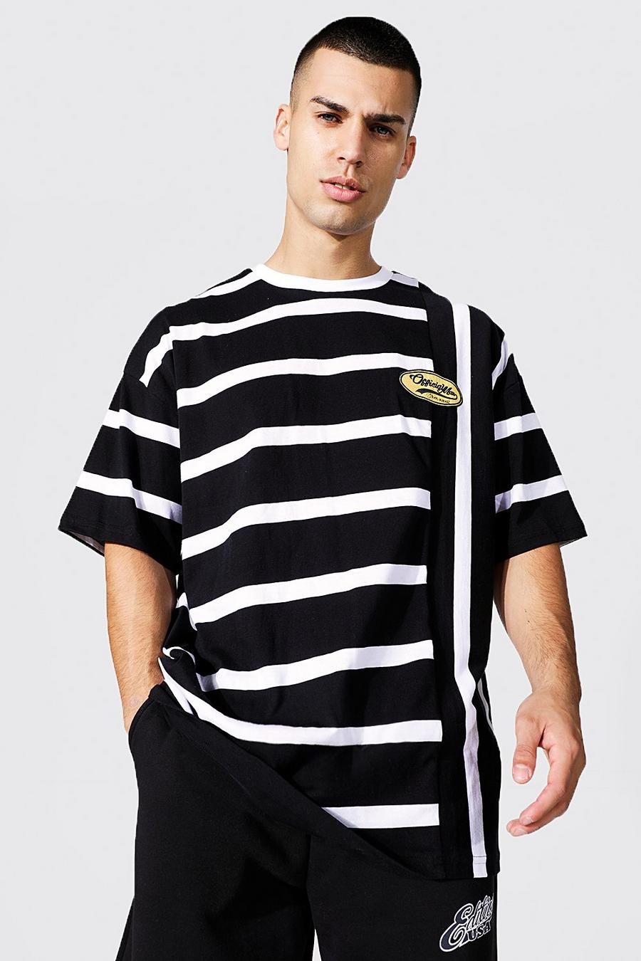 T-shirt oversize rayé à écusson - MAN, Black noir image number 1