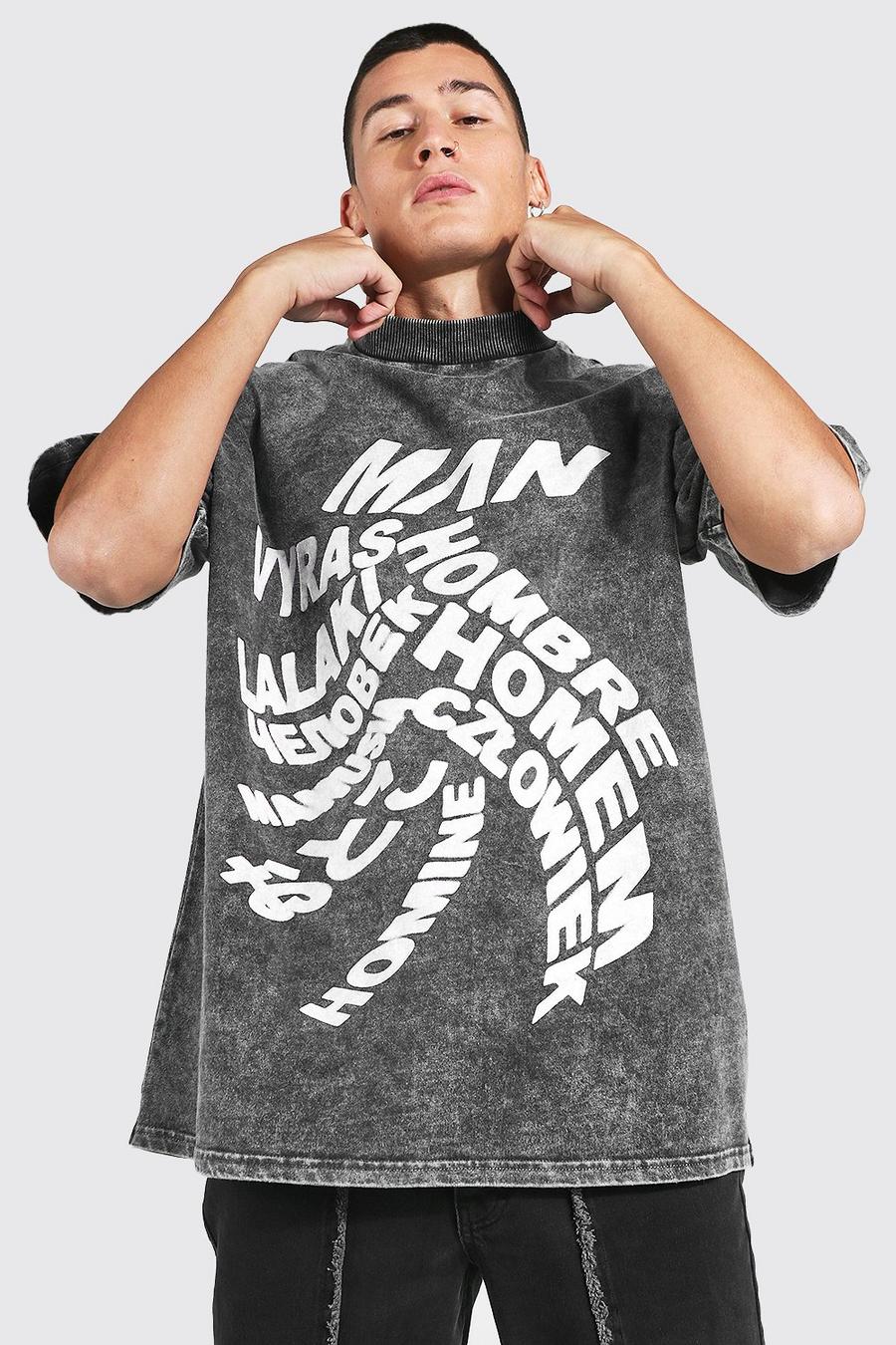T-shirt oversize in lavaggio acido con stampa Man con vortici, Charcoal grigio image number 1