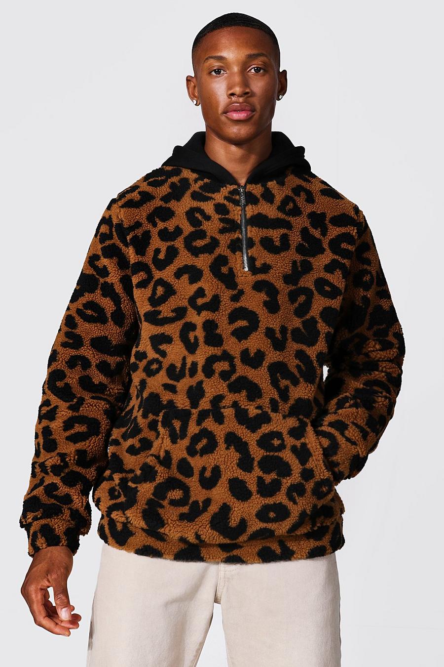 Brown Oversize djurmönstrad hoodie i teddy med dragkedja image number 1