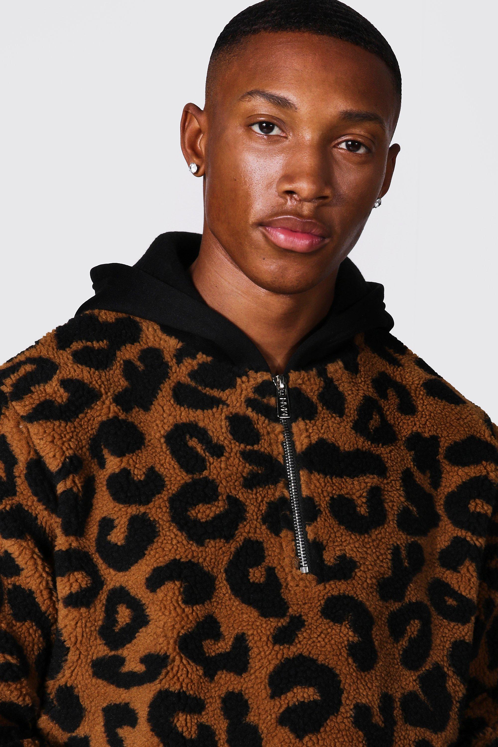 Animal Print Borg Zip Neck Hoodie