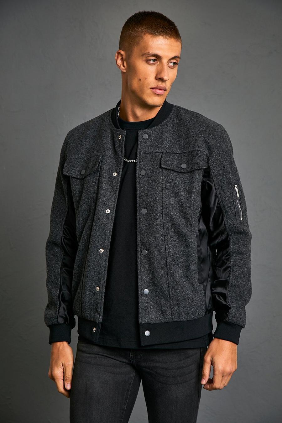 Charcoal Melton Bomber With Satin Ruche Sleeves image number 1