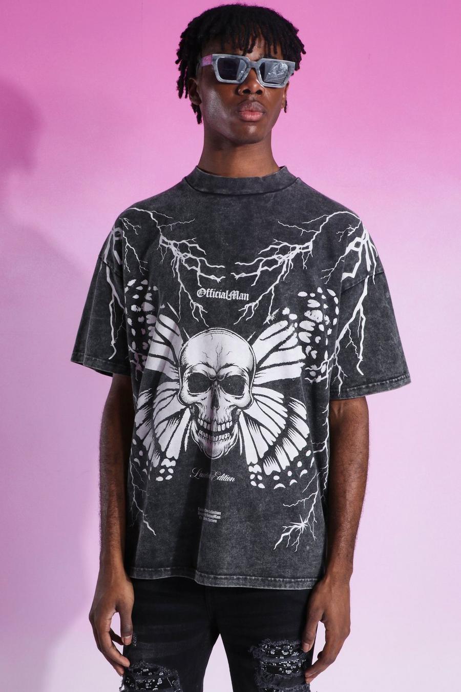 Charcoal grå Oversized Acid Wash Skull Graphic T-shirt image number 1