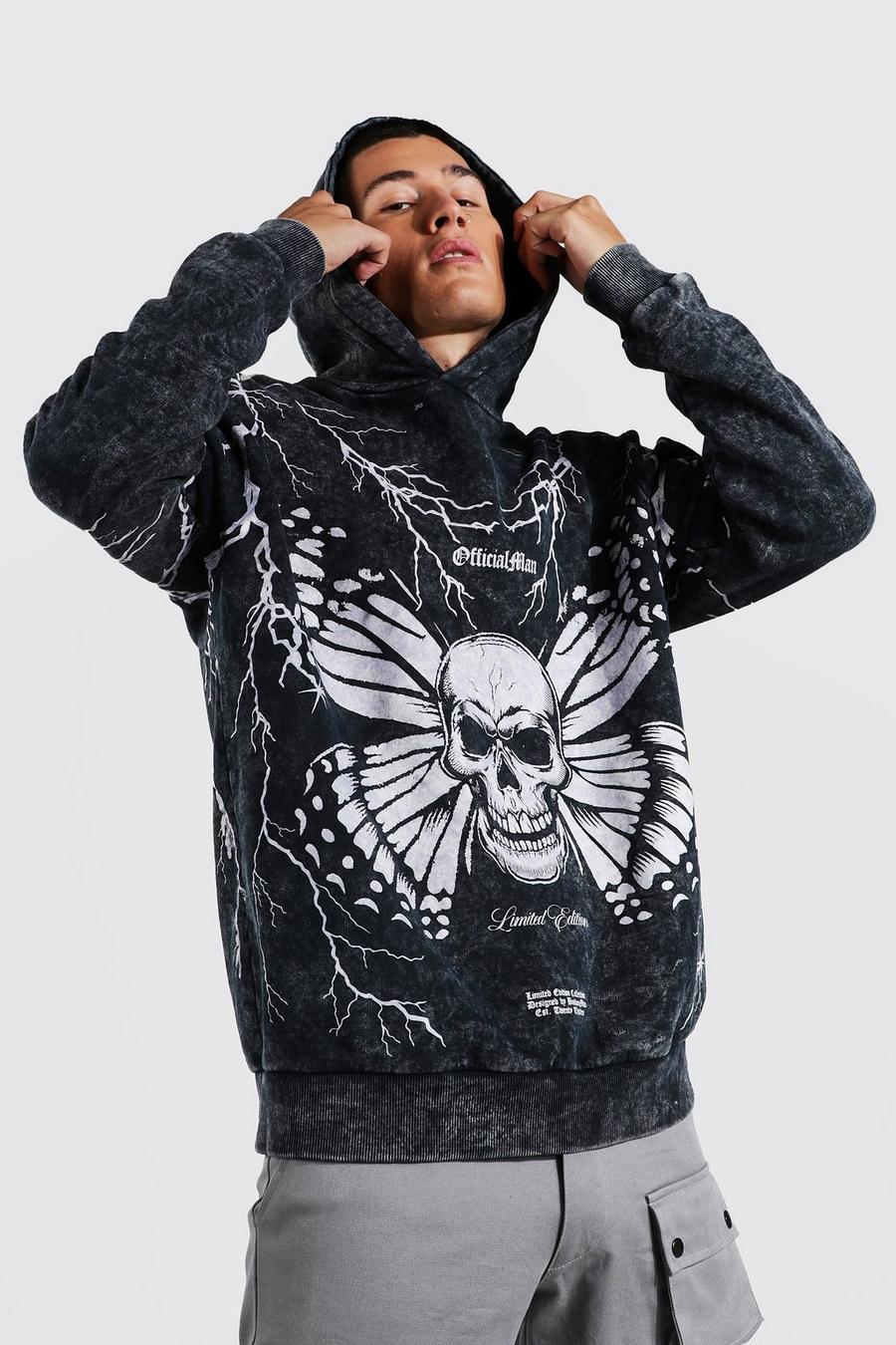 Charcoal Oversized Acid Wash Skull Graphic Hoodie image number 1