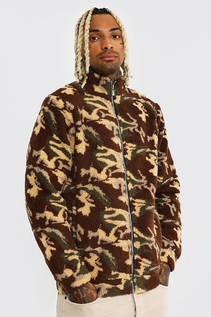 Camouflage Borg-Jacke mit Trichterkragen und Reißverschluss, Camo kaki image number 1