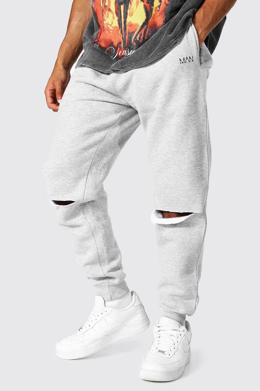 Pantaloni tuta Original Man con strappi sul ginocchio, Grey marl image number 1