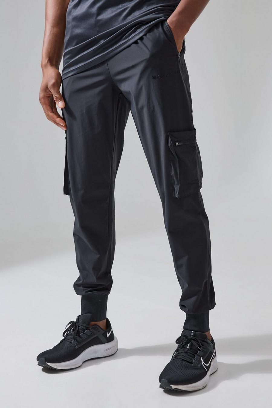שחור מכנסי דגמ'ח לחדר הכושר עם אריגת ריב עמוקה וכיתוב Man Active