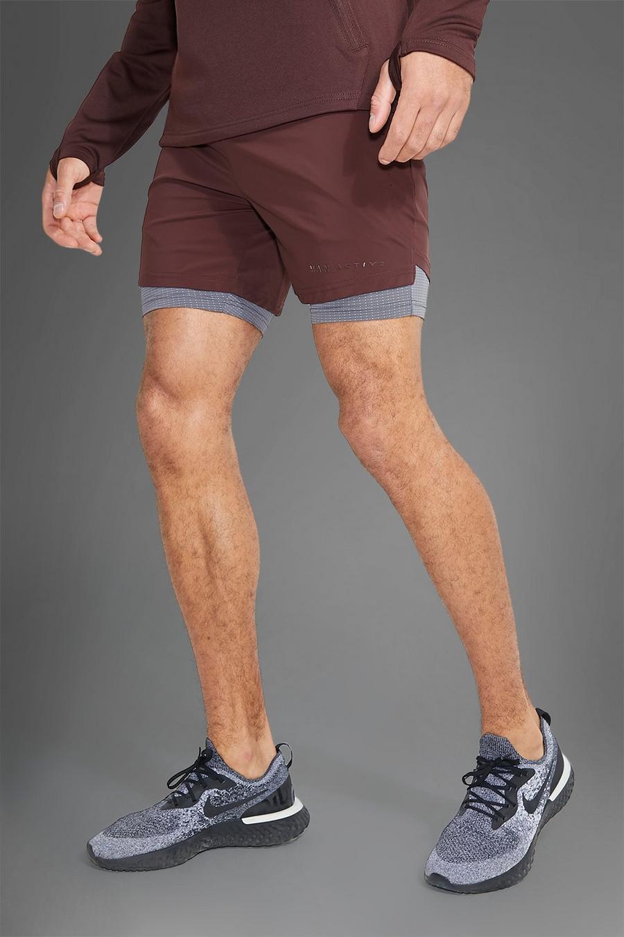 Man Active Gym 2-in-1 Shorts, Chocolate brown image number 1