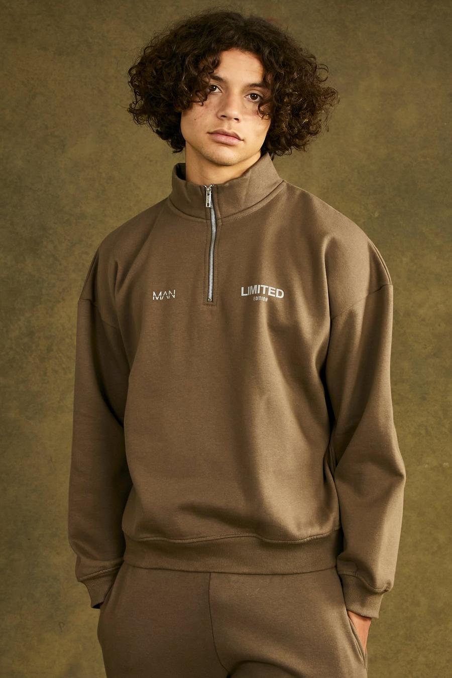 Oversize Limited Sweatshirt mit halbem Reißverschluss, Brown marron image number 1