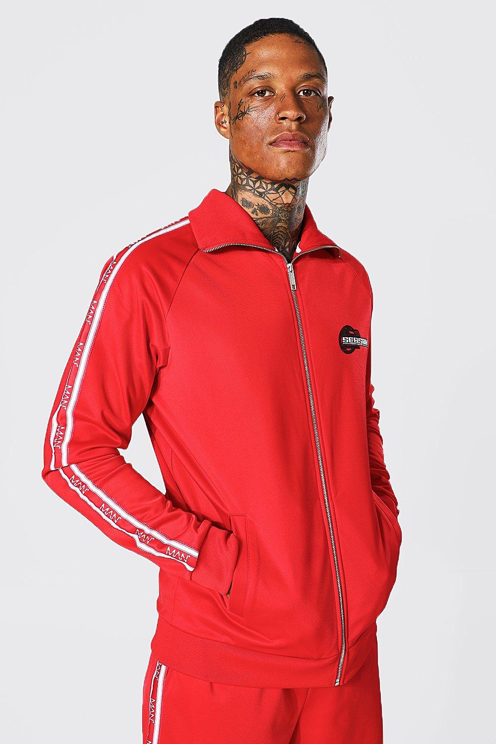 Men s Season Zip Through Tricot Tape Tracksuit Boohoo UK