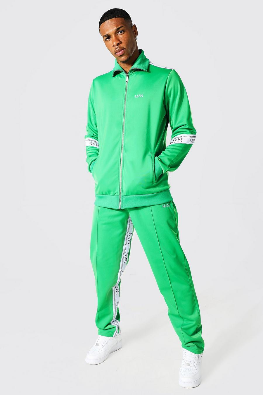 Green grön Man Zip Through Funnel Tricot Tape Tracksuit image number 1