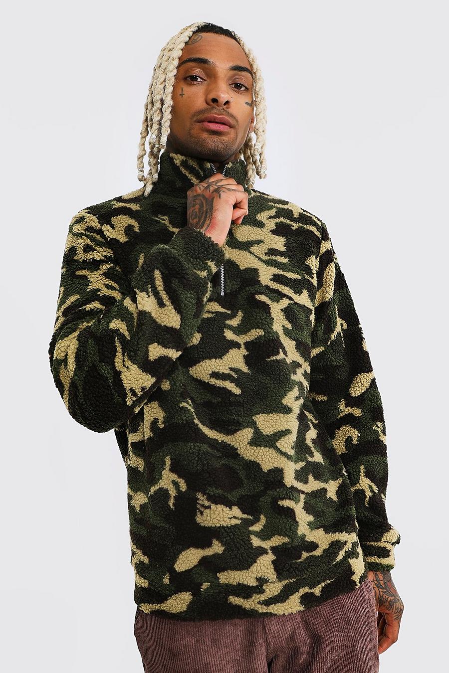 Camouflage Borg-Sweatshirt mit Reißverschluss und Trichterkragen, Camo image number 1