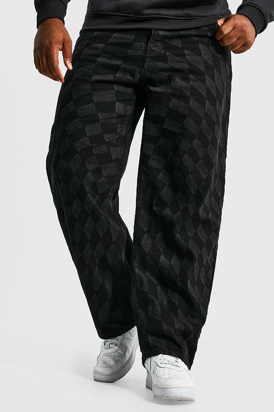 Black noir Plus Relaxed Warped Check Print Jean image number 1