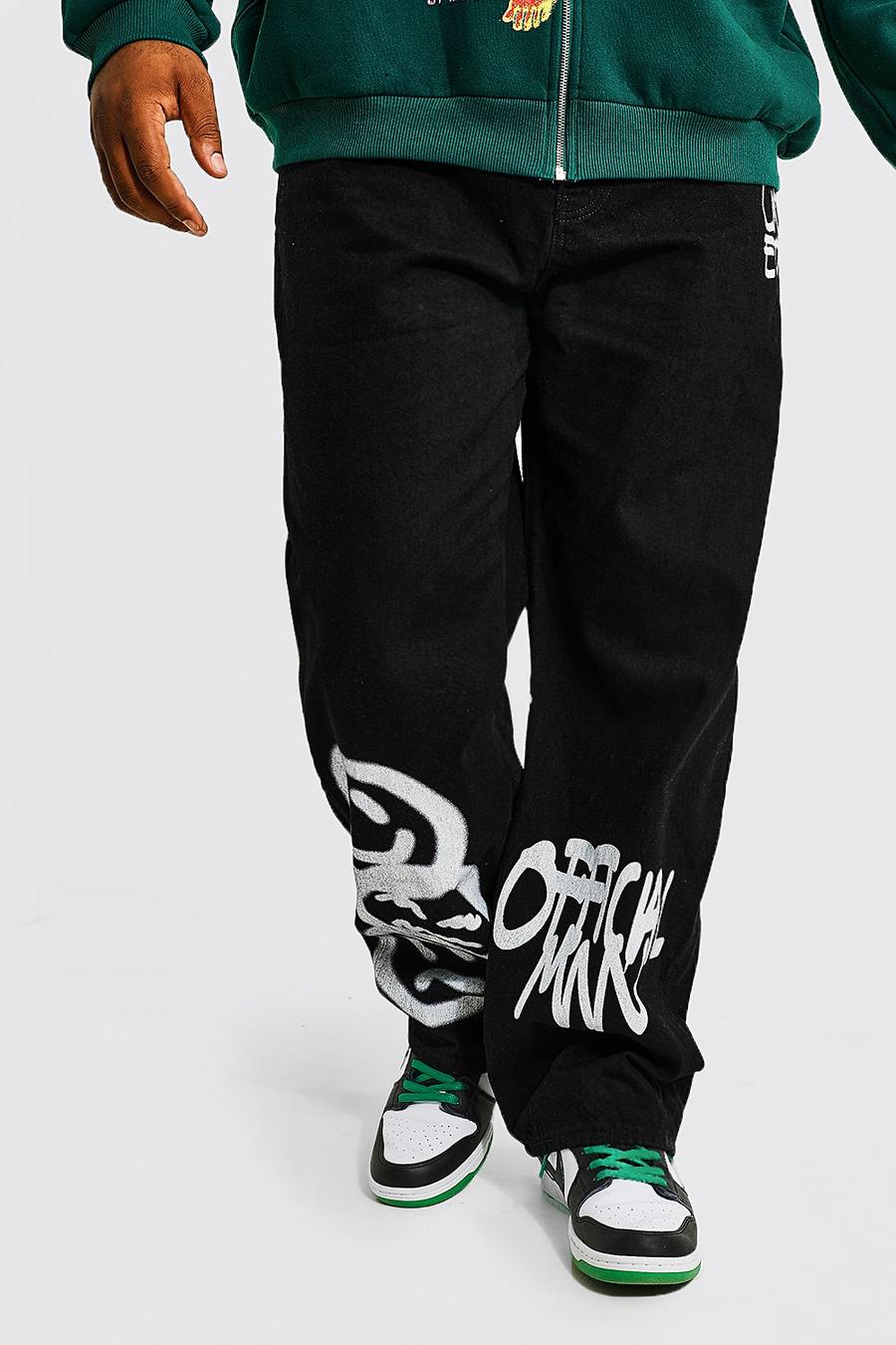 Black svart Plus - Jeans med ledig passform och graffititryck image number 1
