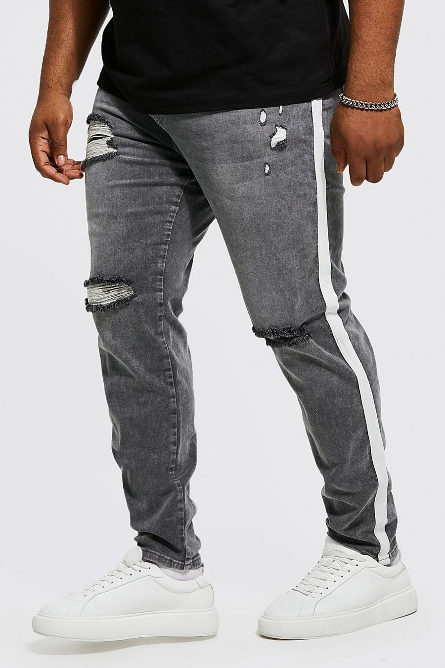 Mid grey grå Plus Skinny Fit Distressed Side Tape Jean image number 1