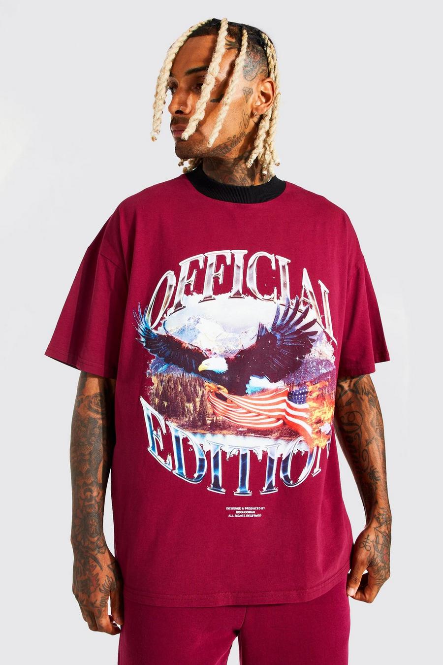T-shirt oversize délavé à imprimé aigle - Official, Burgundy rot image number 1