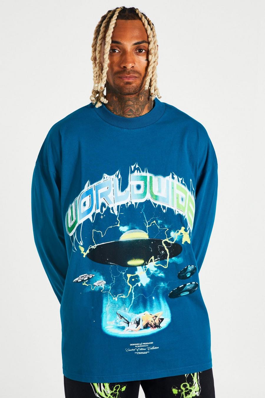 Teal grün Oversized Space Long Sleeve Washed T-shirt image number 1