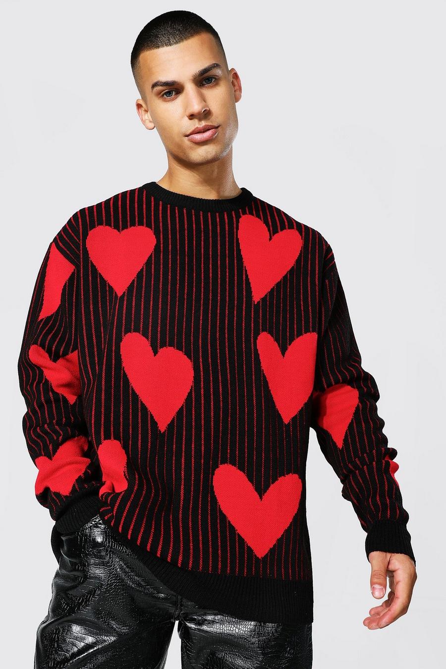 Black Oversize stickad tröja med hjärtan image number 1