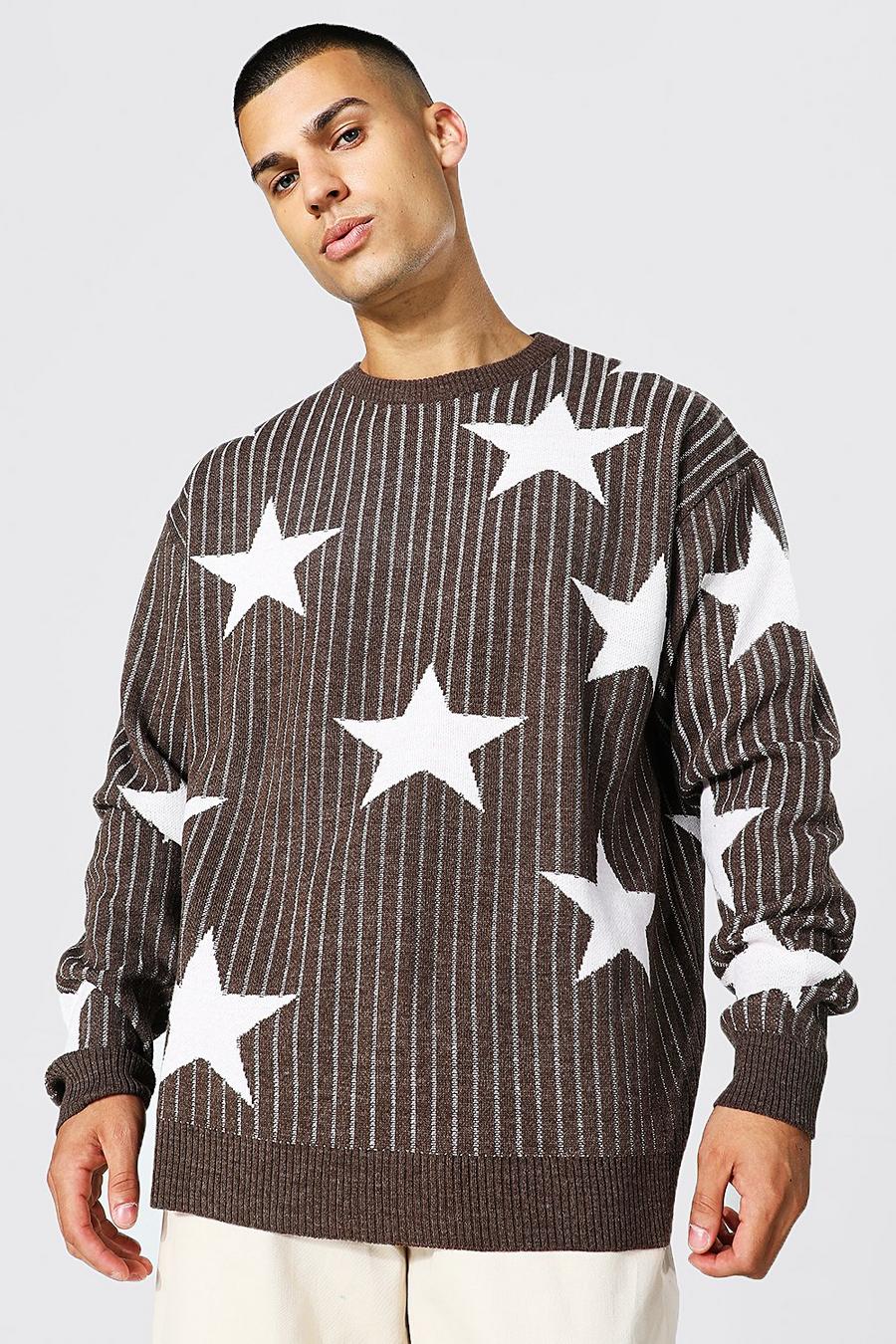 Maglione oversized a coste con stampa di stelle, Chocolate image number 1