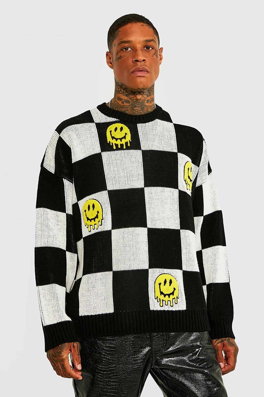 Charcoal grey Drip Face Badge Oversized Check Knit Jumper image number 1