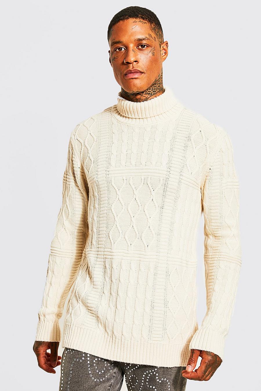 Maglione Regular Fit in maglia intrecciata effetto patchwork con collo alto, Ecru image number 1