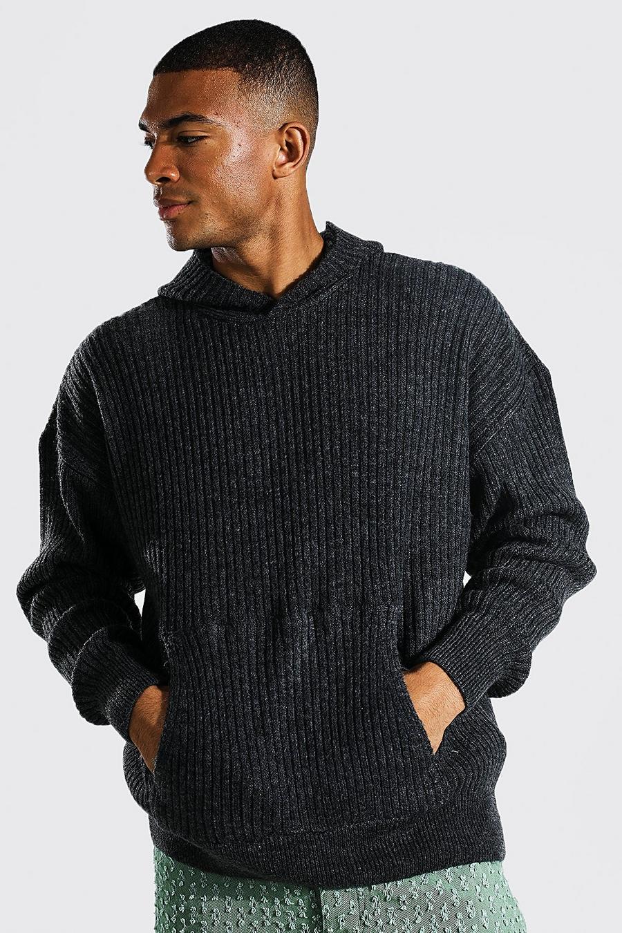 Charcoal gris Brushed Knitted Ribbed Hoodie image number 1