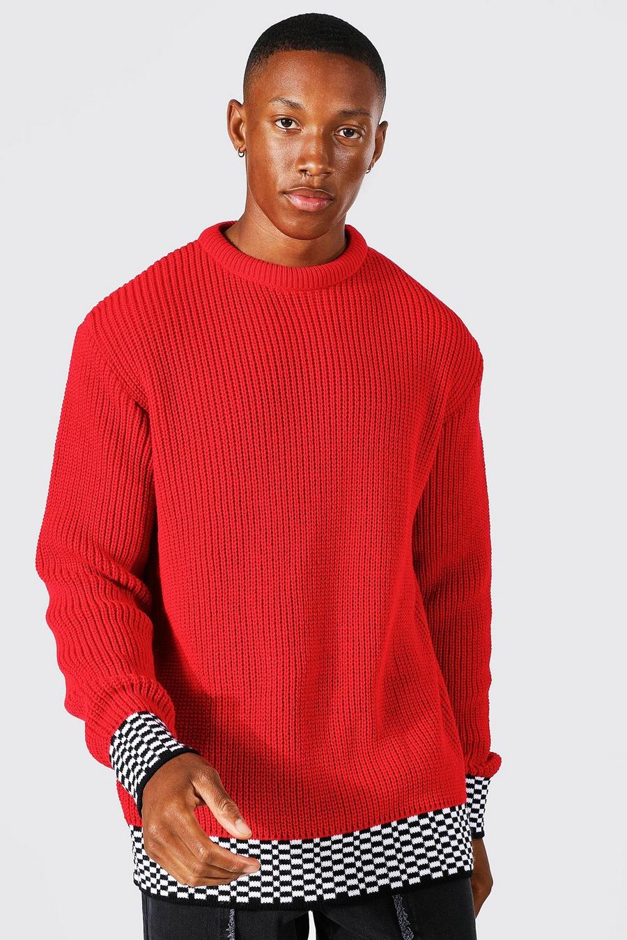 Red Crew Neck Ribbed Checkerboard Panel Jumper image number 1