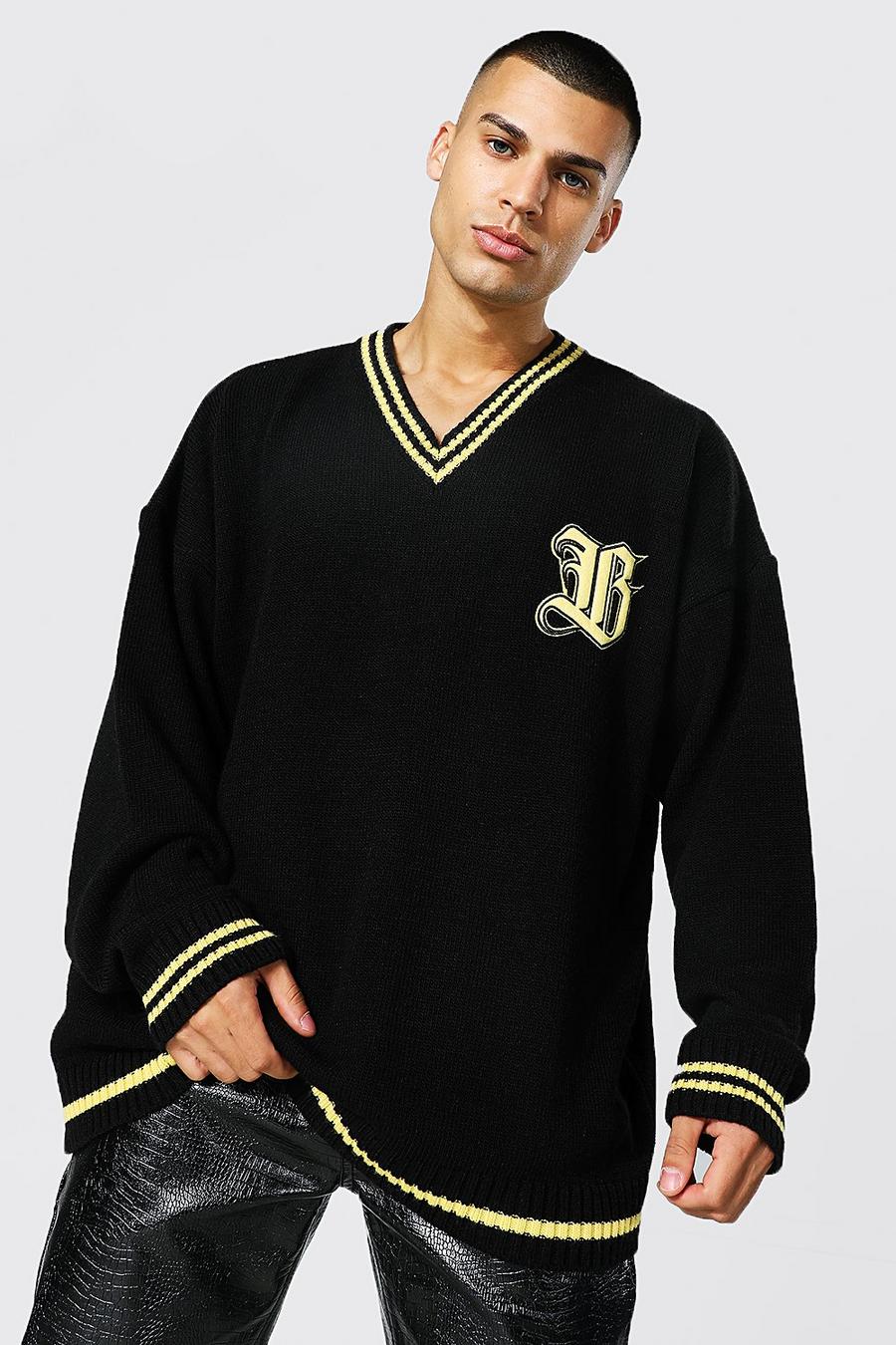 Black B Oversize stickad tröja med V-ringning image number 1