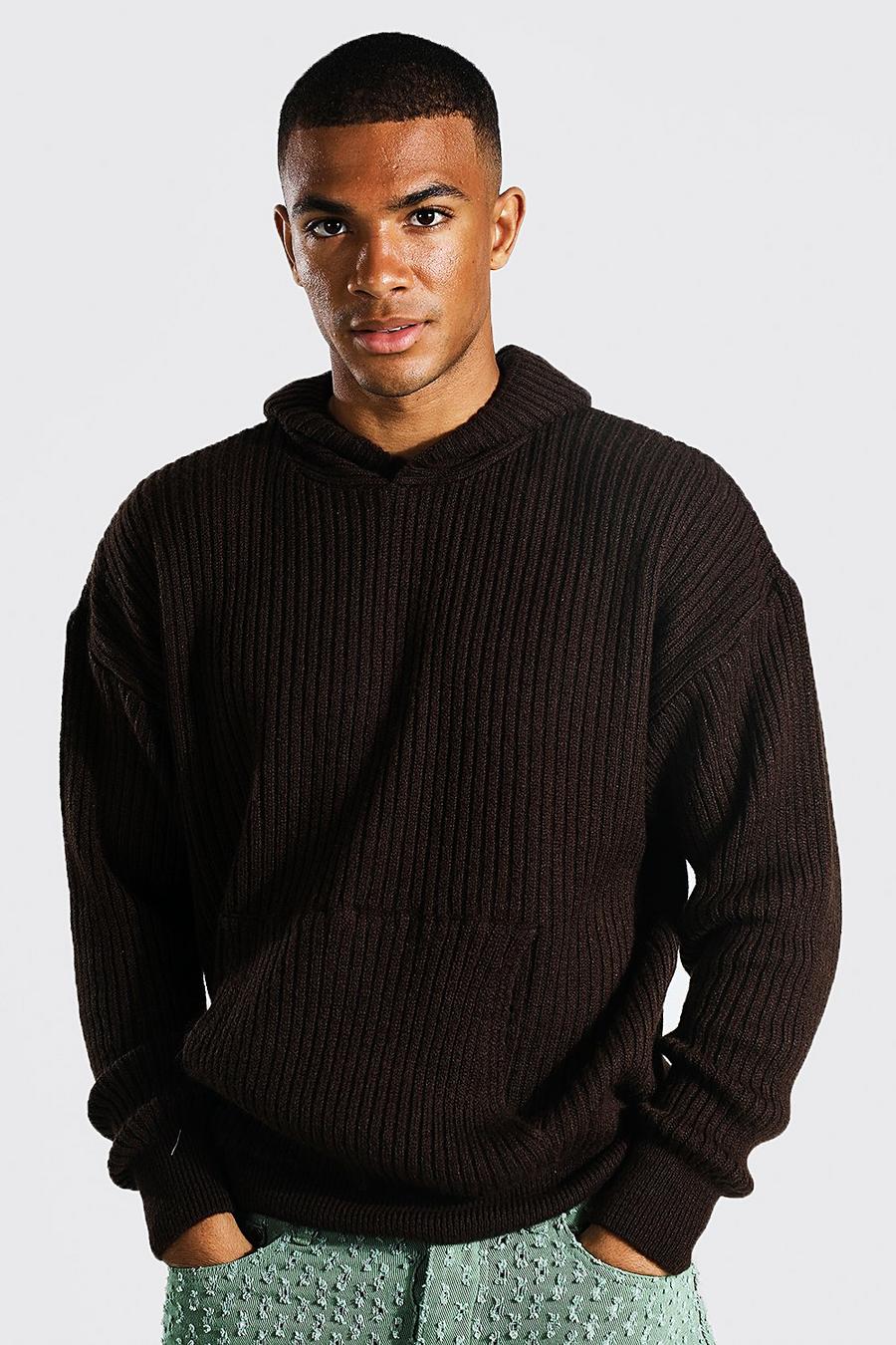 Chocolate brown Brushed Knitted Ribbed Hoodie image number 1