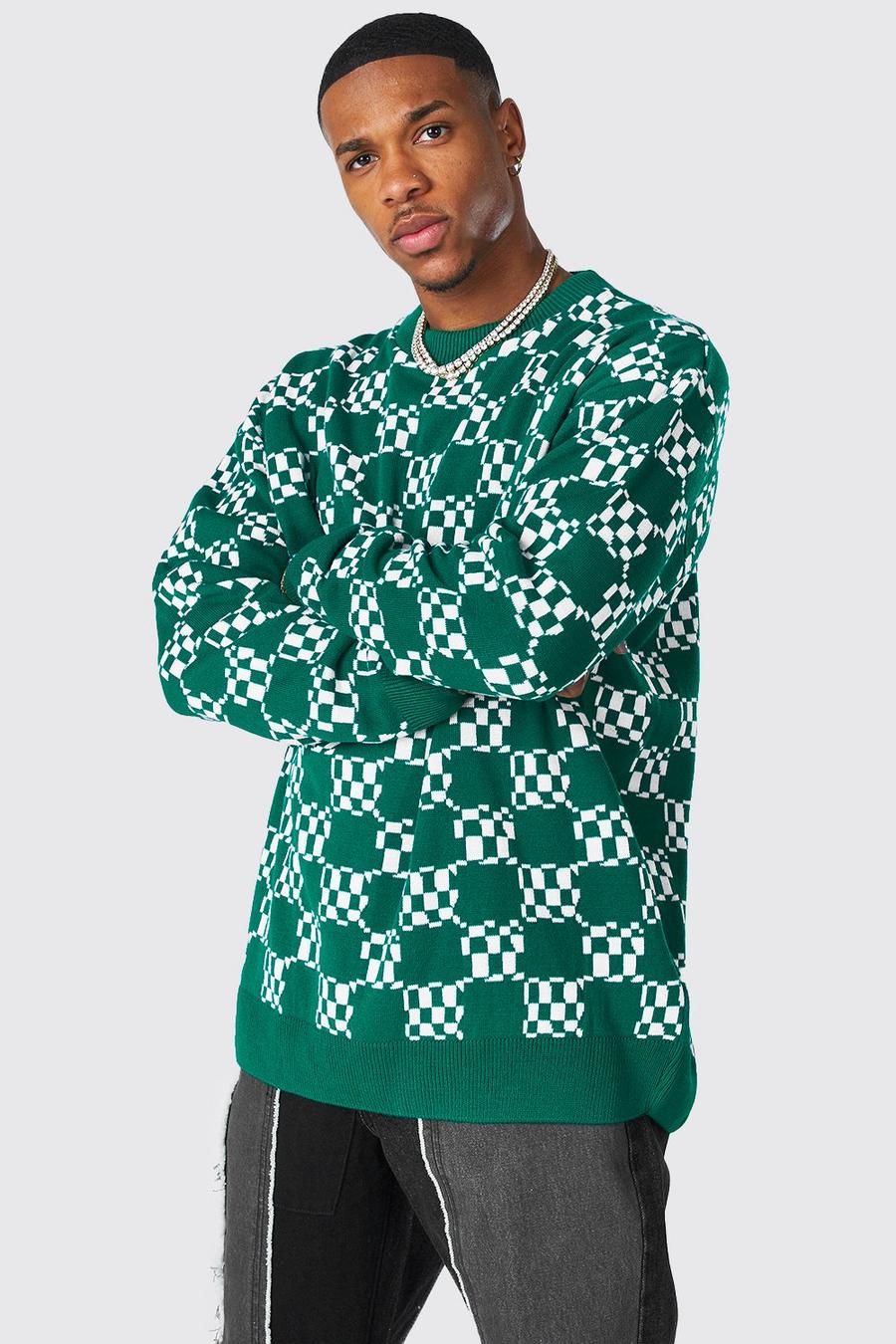 Emerald green Oversized Checkerboard Knit Jumper image number 1