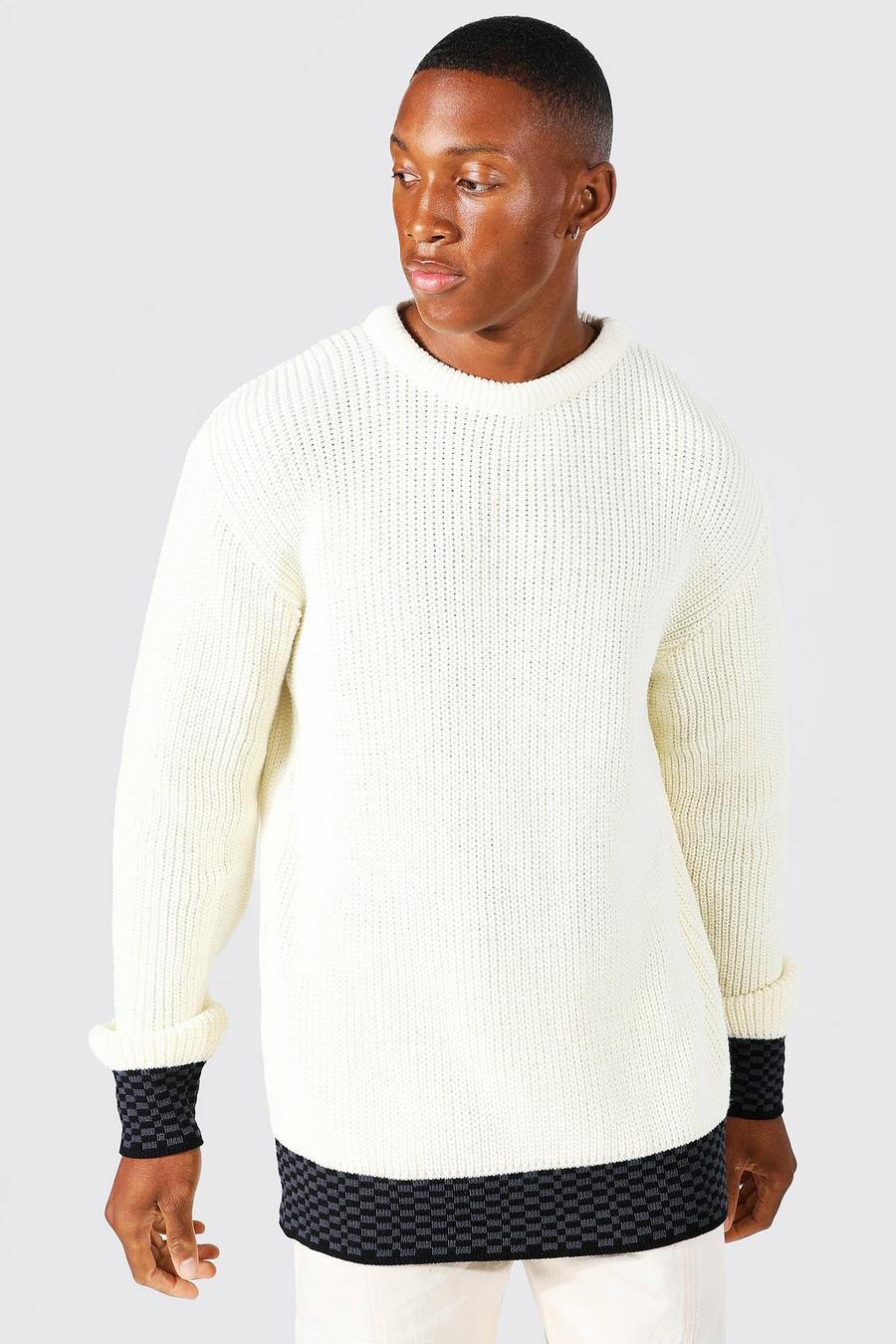 Gerippter Crewneck-Pullover mit Schachbrett-Muster, Cream weiß image number 1