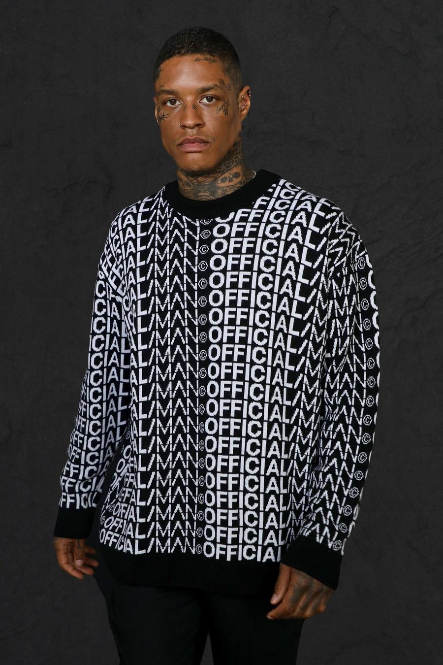Maglione oversize Official Man con scritta in maglia in bianco e nero, Black image number 1