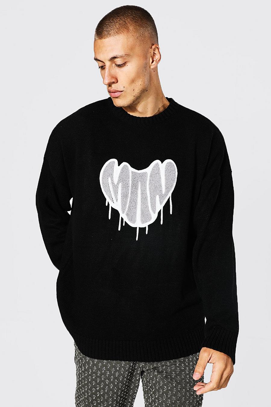 שחור סוודר סרוג אוברסייז עם טלאי Man מבד מגבת image number 1