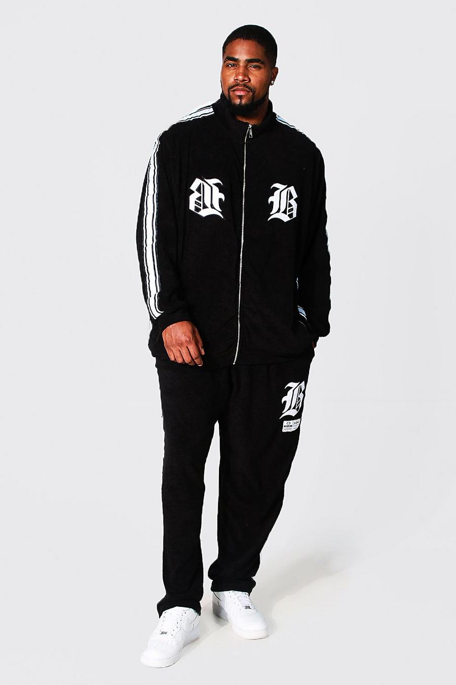 שחור חליפת טרנינג מבד מגבת בסגנון נבחרת ספורט עם צווארון משפך, מידות גדולות image number 1