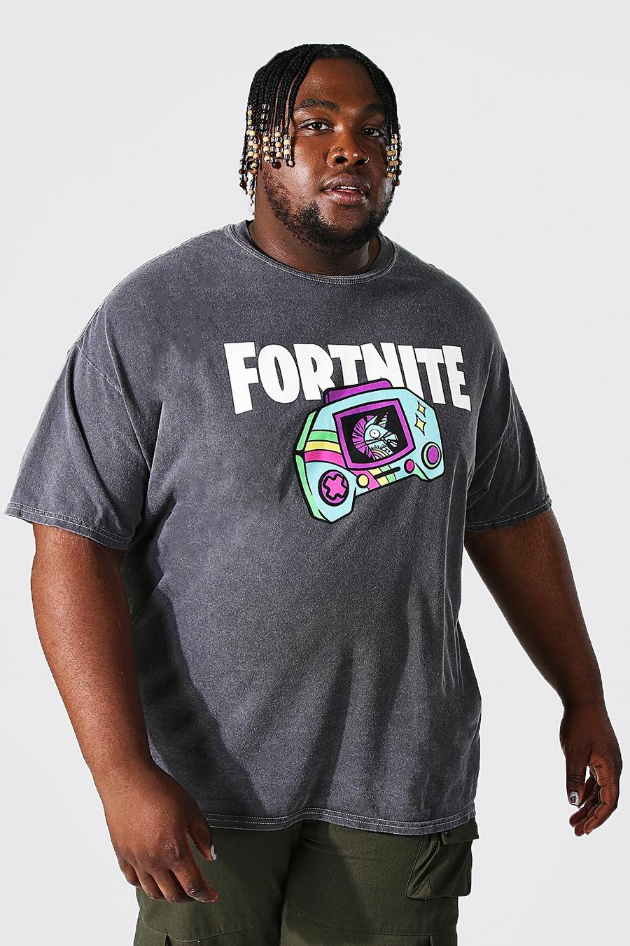 T-shirt Plus Size in lavaggio acido con stampa ufficiale Fortnite, Charcoal image number 1