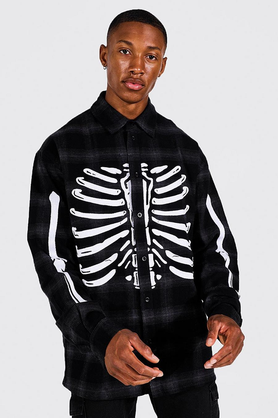 Camisa oversize de cuadros con apliques de esqueletos, Black image number 1