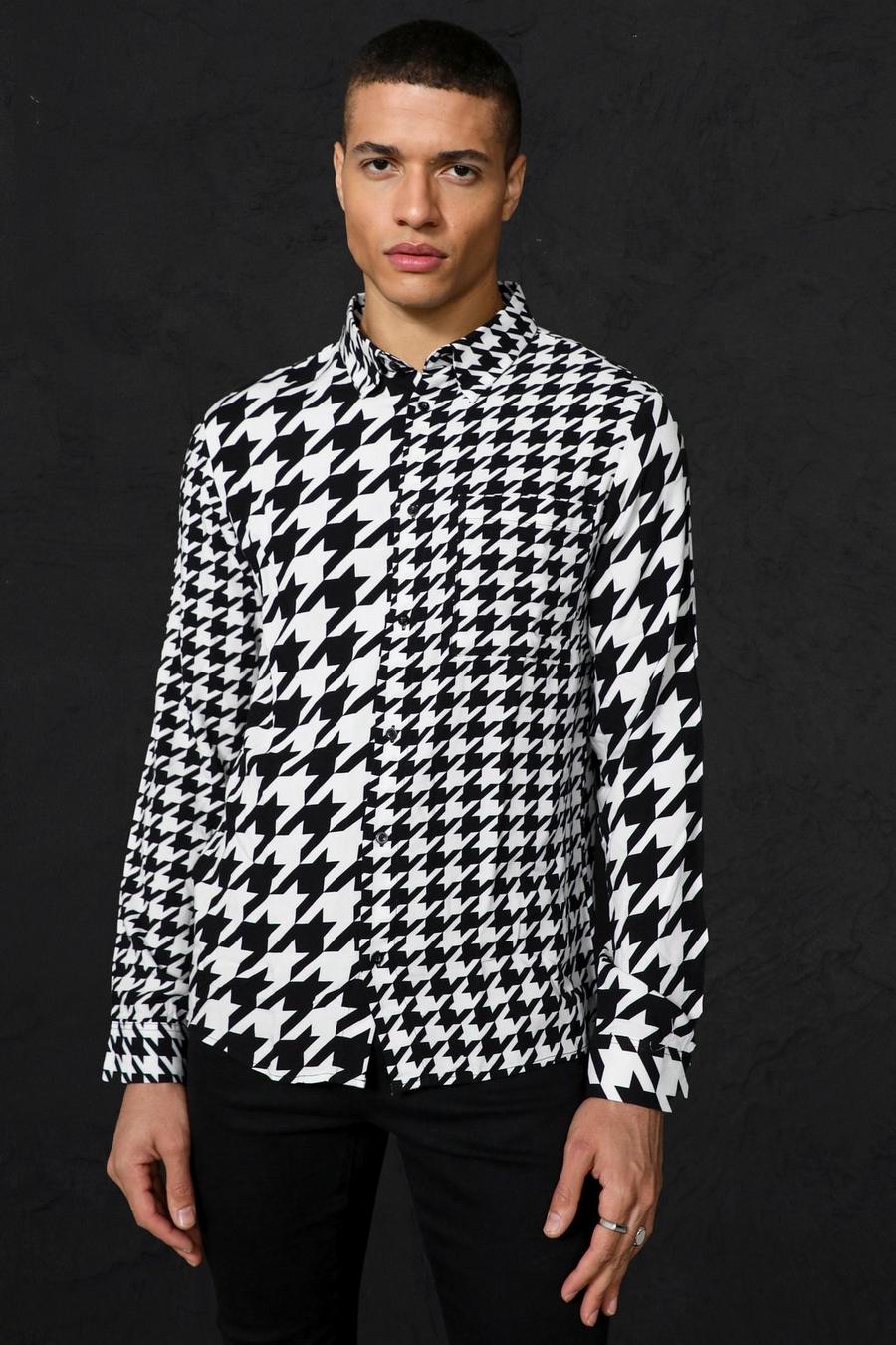 Black Long Sleeve Viscose Hounds Tooth Shirt image number 1
