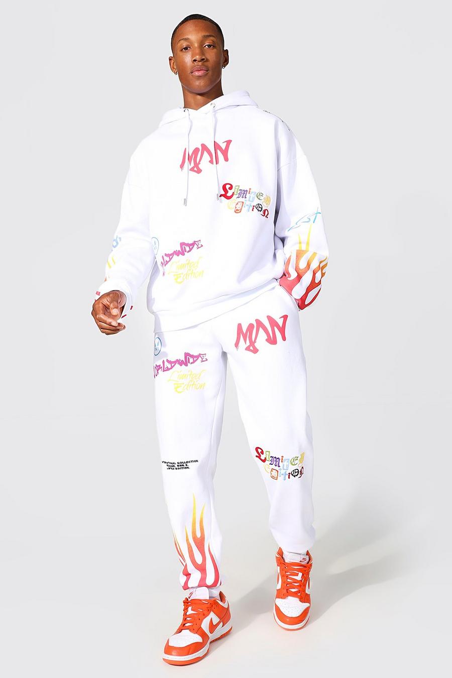 Chándal oversize MAN con estampado de llamas y grafiti, White image number 1