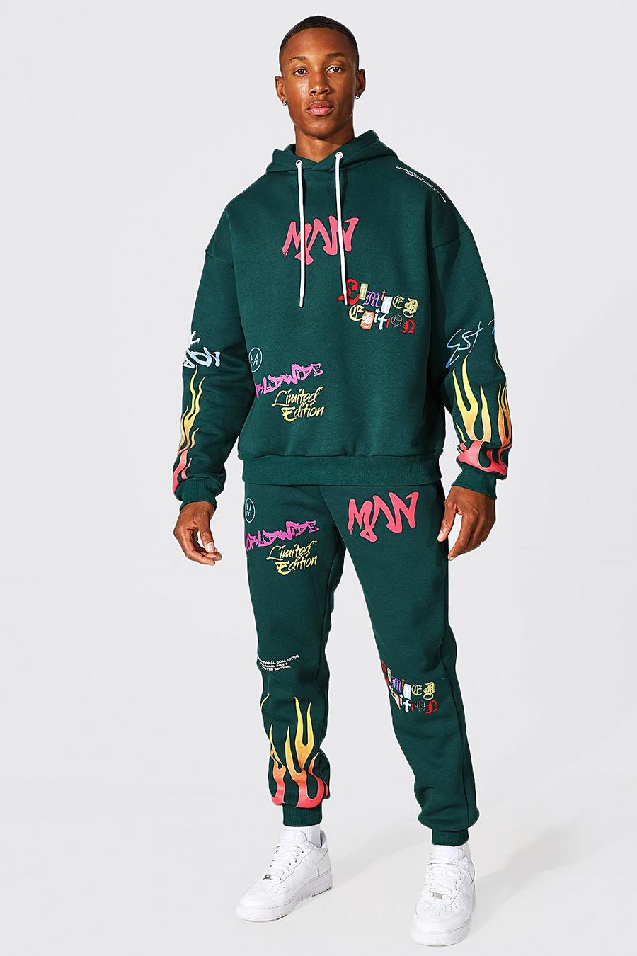 Chándal oversize MAN con estampado de llamas y grafiti, Green image number 1