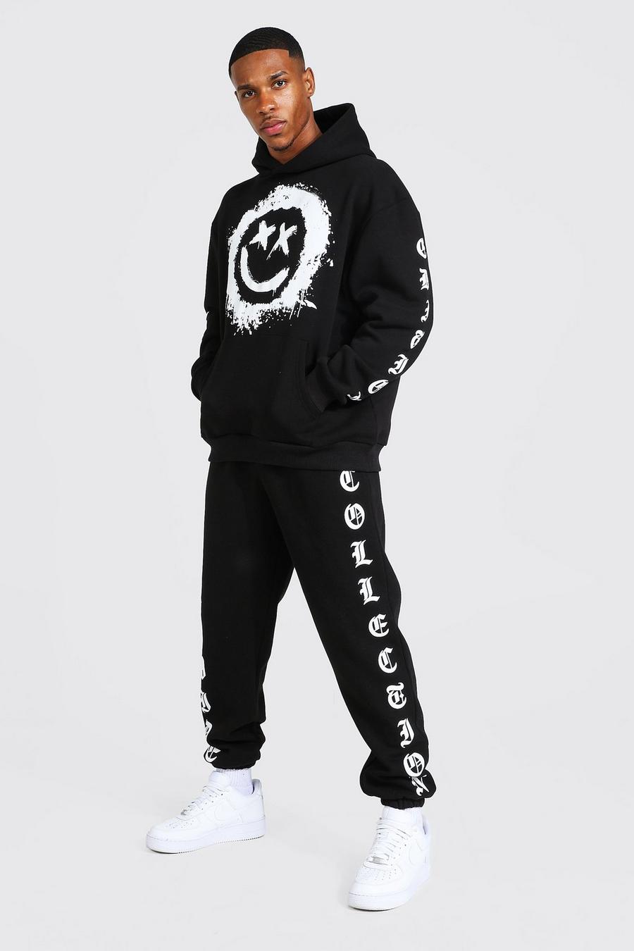 Black Oversized Gothic Spray Face Graphic Tracksuit