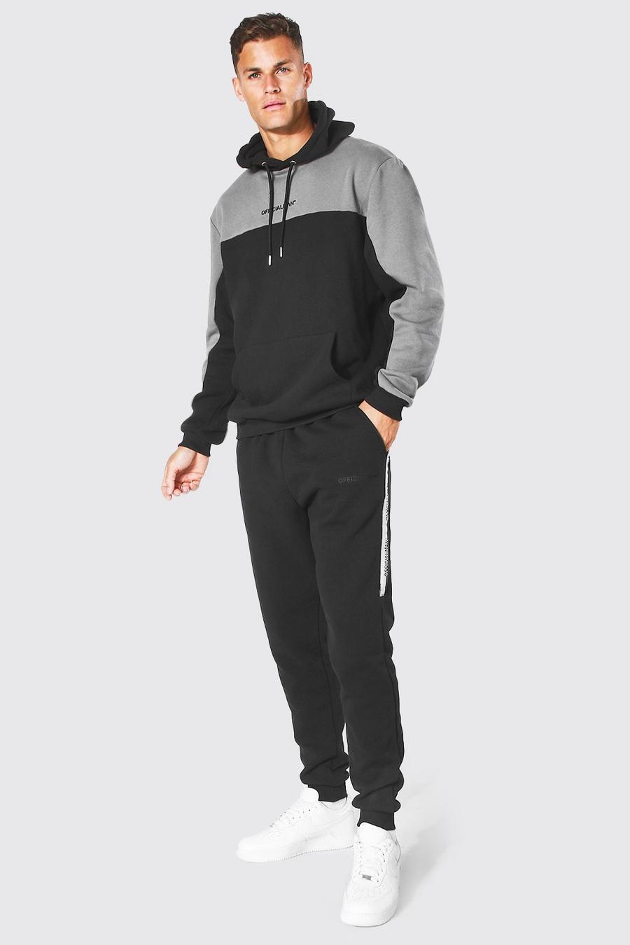 Dark grey grå Tall Official Man Tape Hooded Tracksuit image number 1