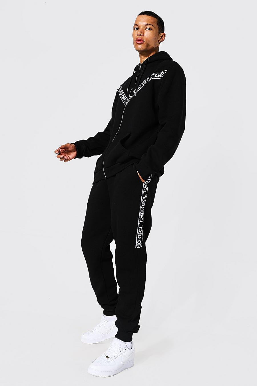 Black Tall Ofcl Tape  Zip Through Hooded Tracksuit image number 1