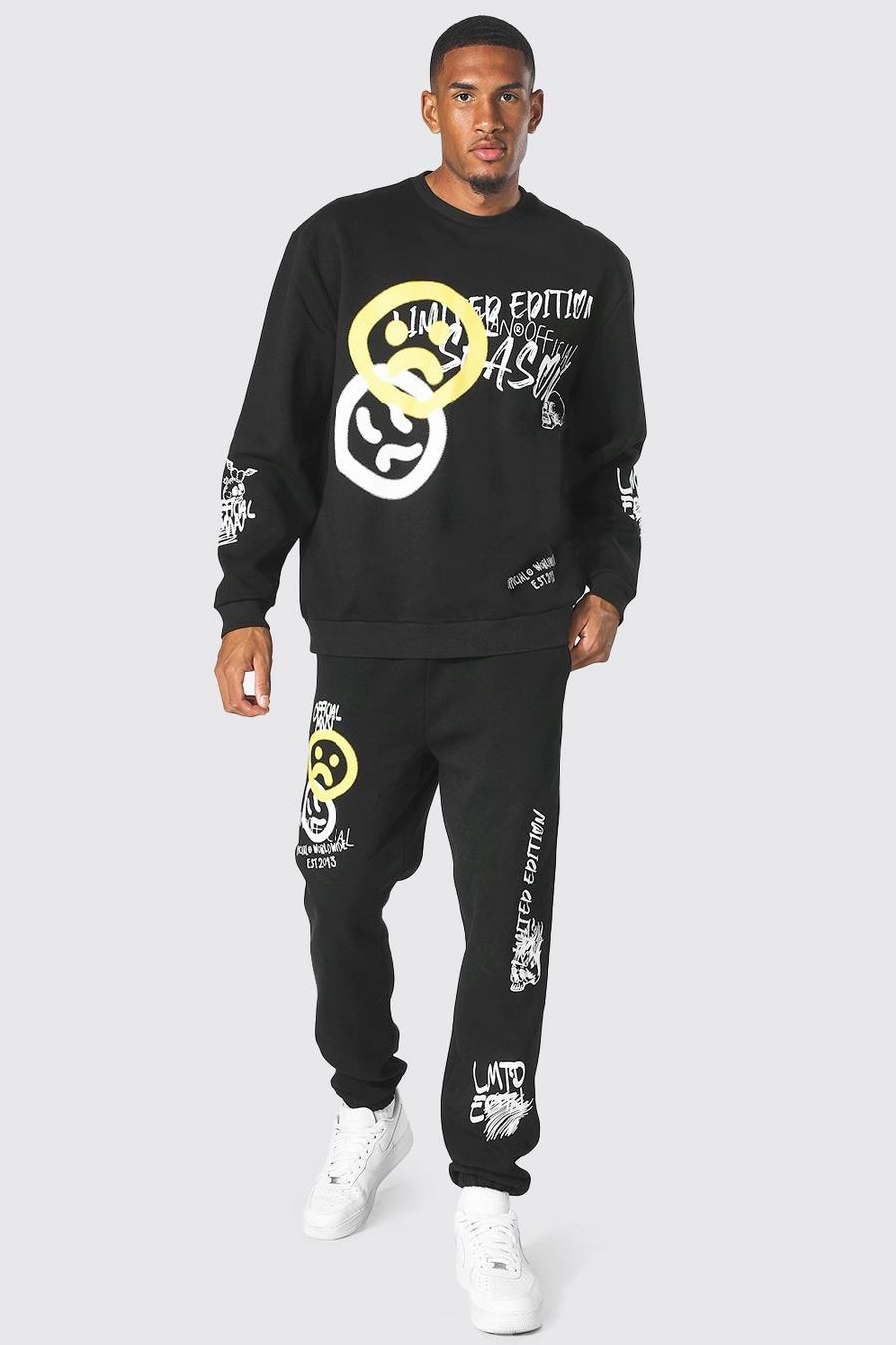Black Tall Graffiti Face Sweater Tracksuit image number 1