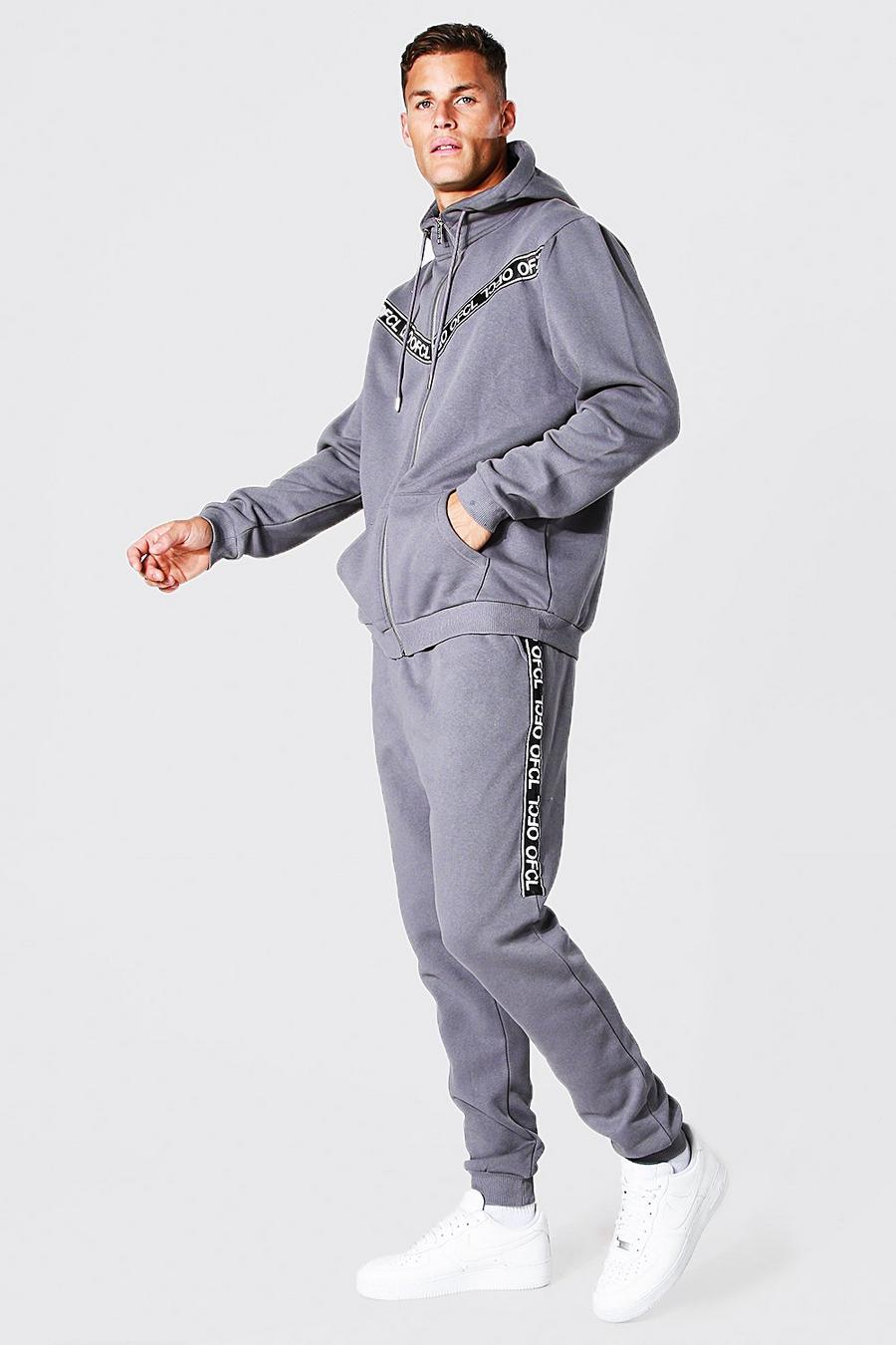 Grey Tall Ofcl Tape  Zip Through Hooded Tracksuit image number 1