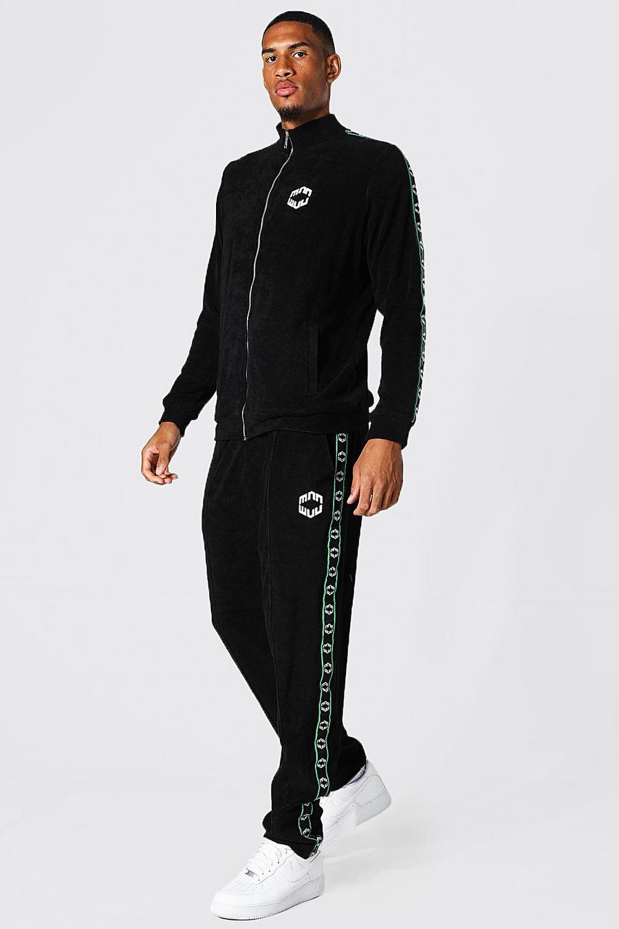 Tall Man Tape Funnel Neck Towelling Tracksuit | boohoo