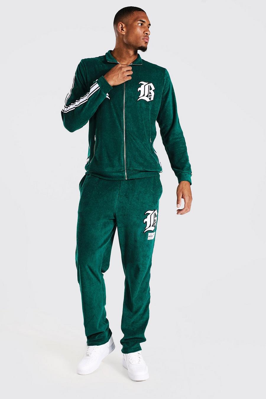 Green Tall Varsity Funnel Neck Towelling Tracksuit image number 1