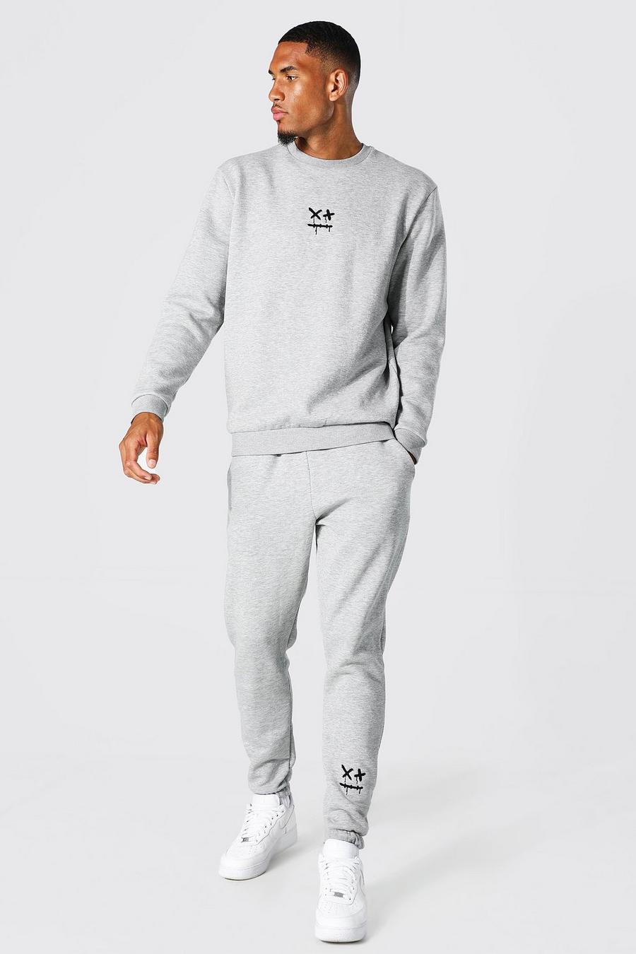 Tall Bestickter Drip Face Sweatshirt-Trainingsanzug, Grey marl image number 1