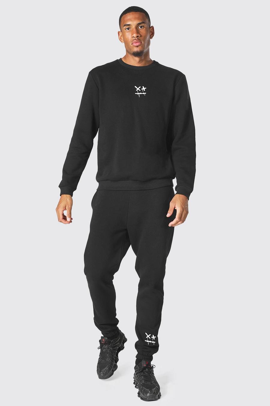 Black Tall Drip Face Embroidered Sweater Tracksuit image number 1
