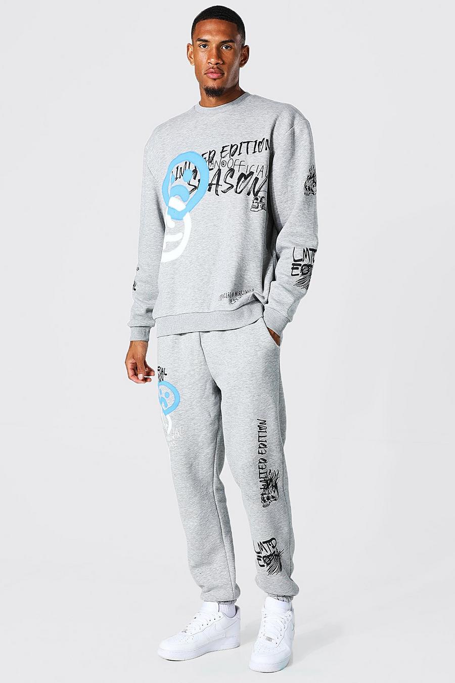 Grey marl Tall Graffiti Face Sweater Tracksuit image number 1