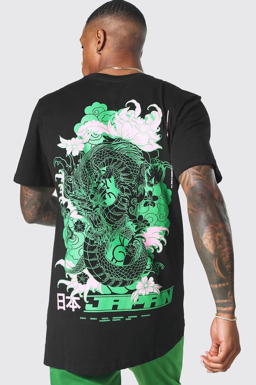 Black negro Longline Dragon Back Print T-shirt