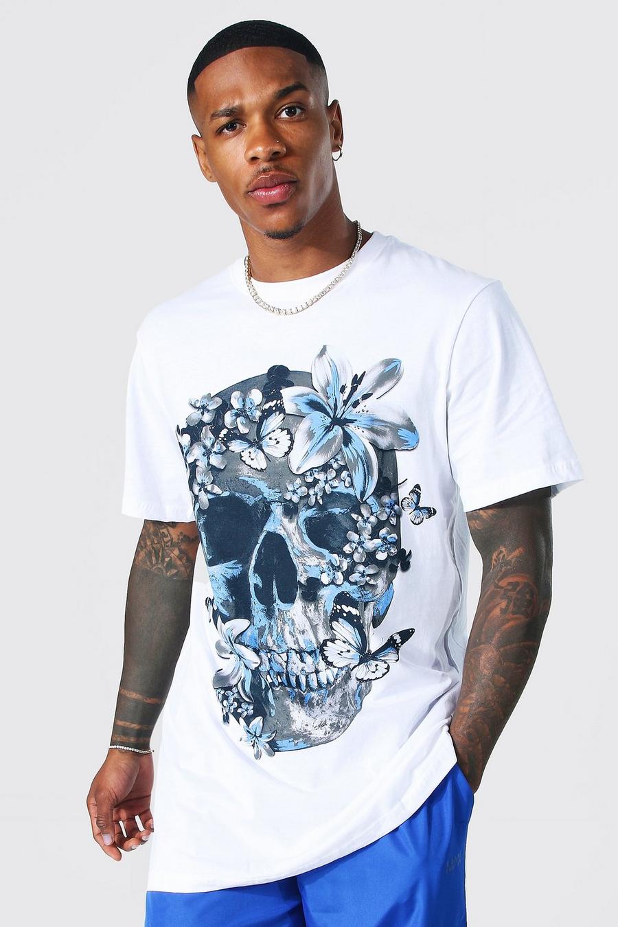 White Longline Skull Print T-shirt image number 1